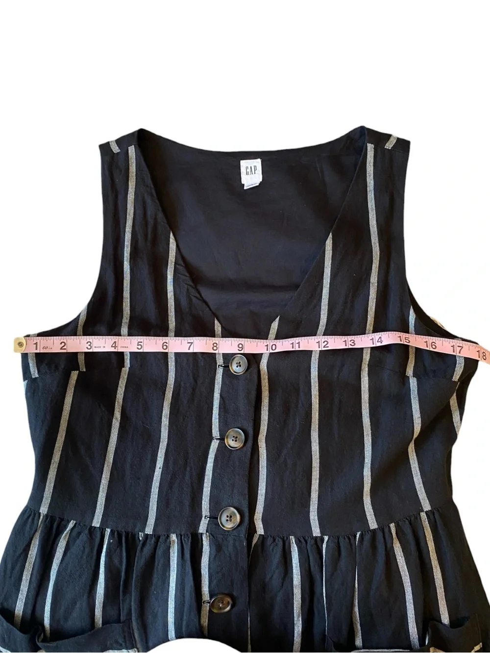 GAP Linen Cotton Striped Midi Dress Size 6 Button Front Pockets Black